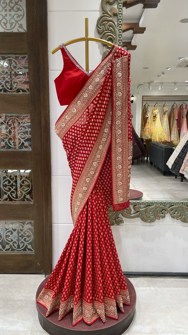 Red Banarasi Silk Khaddi saree with Zariwork