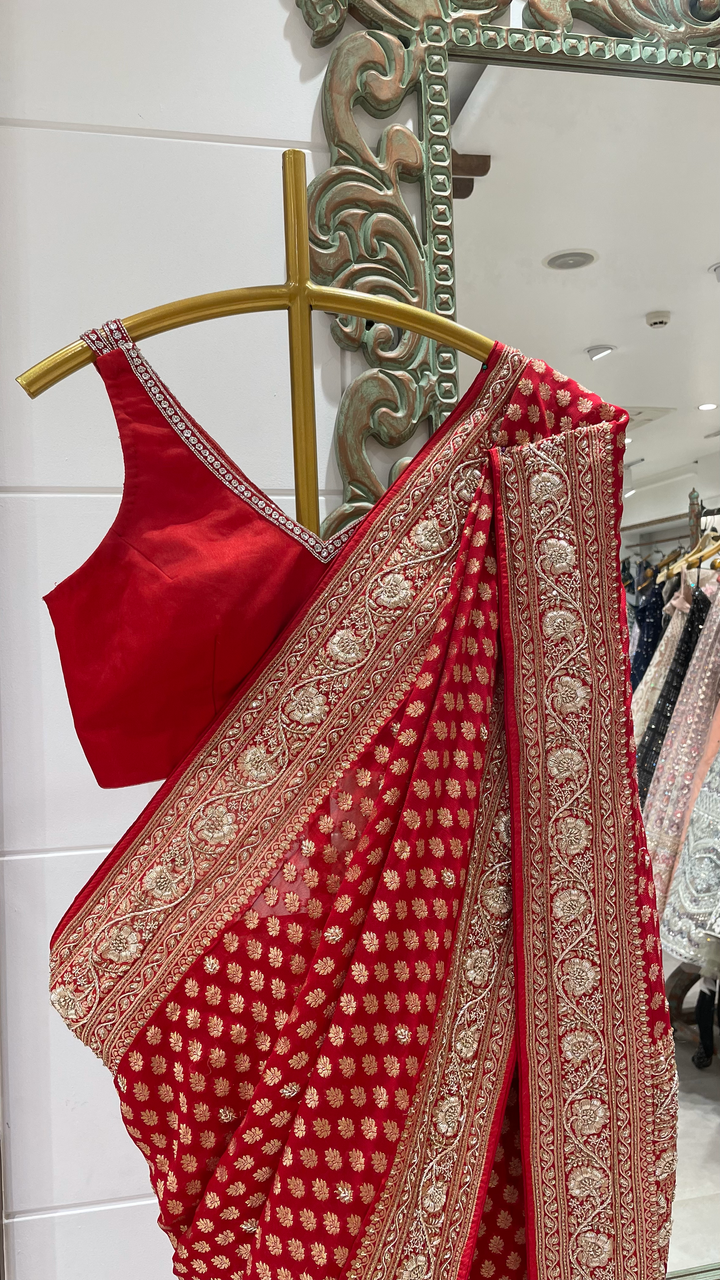 Red Banarasi Silk Khaddi saree with Zariwork