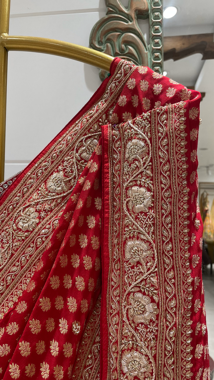 Red Banarasi Silk Khaddi saree with Zariwork