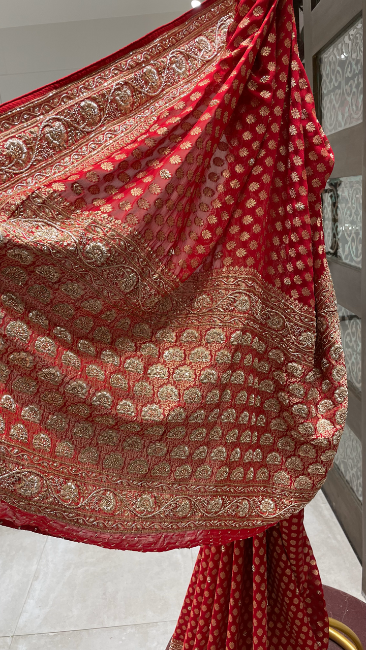 Red Banarasi Silk Khaddi saree with Zariwork