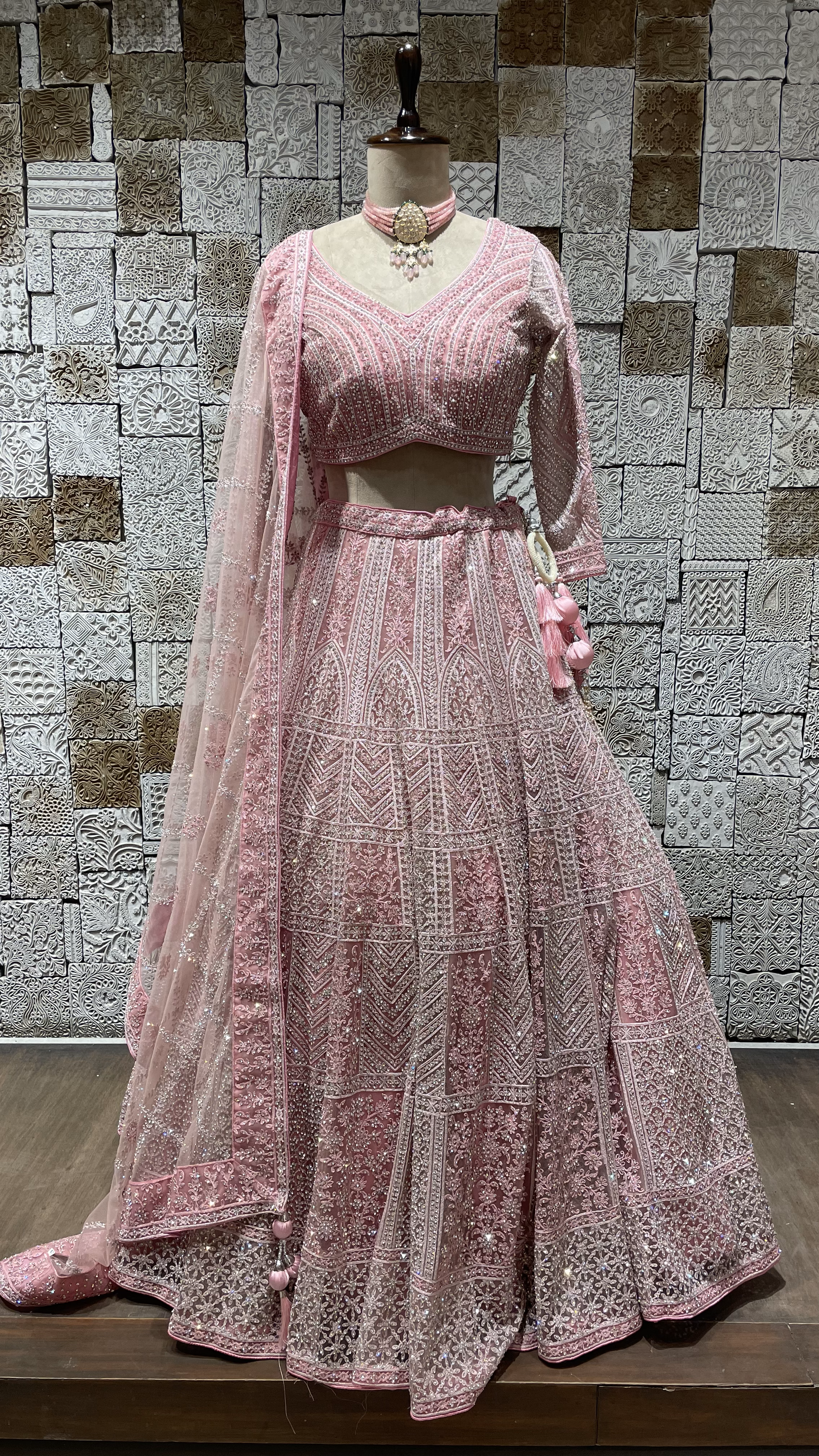 Pink Net Lehenga with rhinestone embellishments