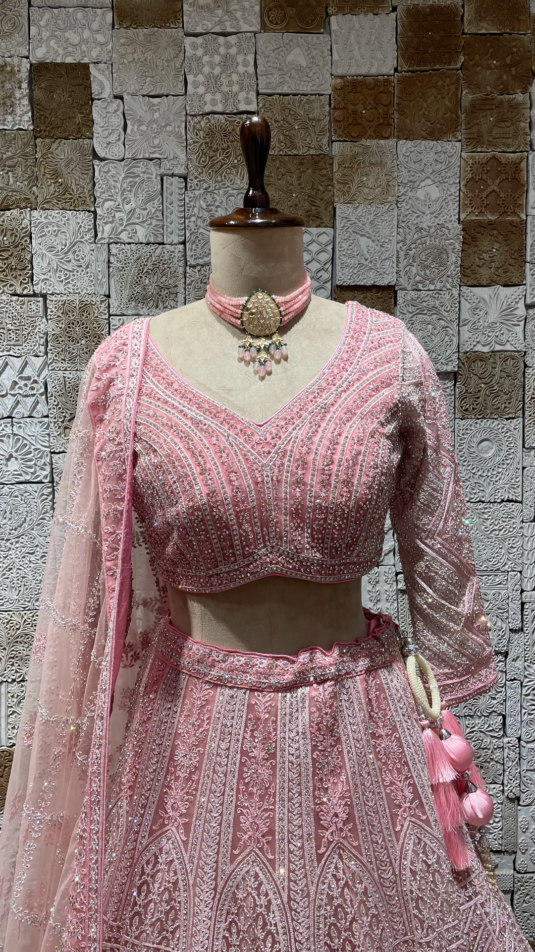 Pink Net Lehenga with rhinestone embellishments