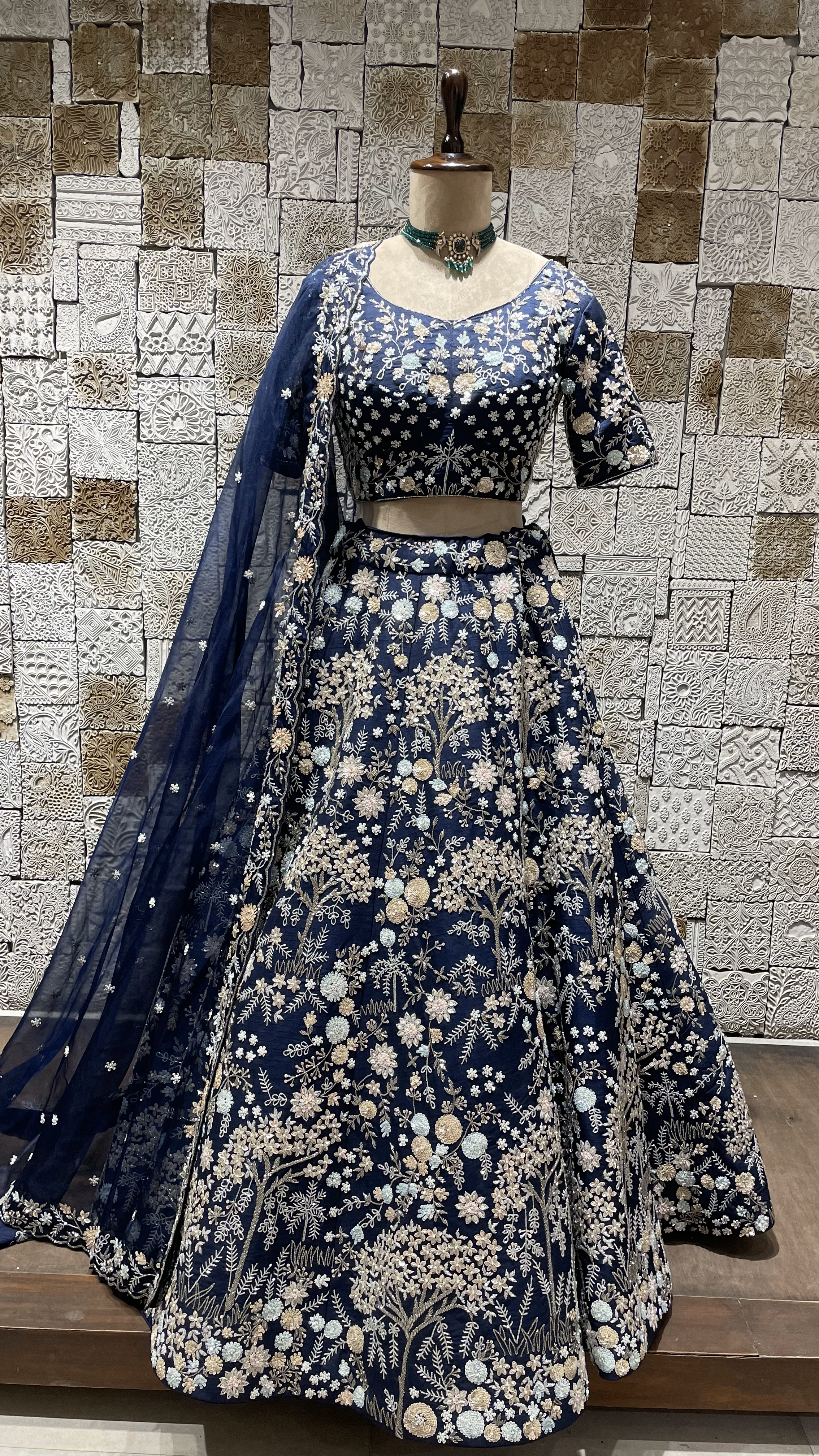 Blue Silk Lehenga with Sequins & Pearl Embellishments