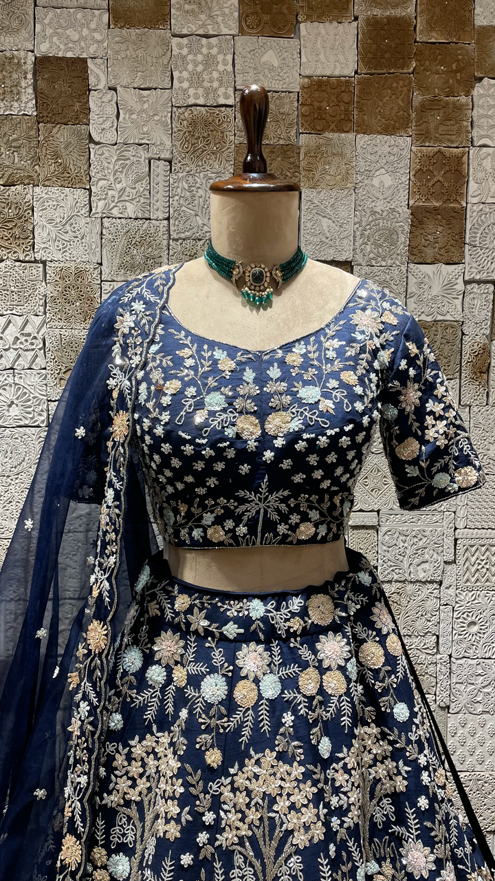 Blue Silk Lehenga with Sequins & Pearl Embellishments