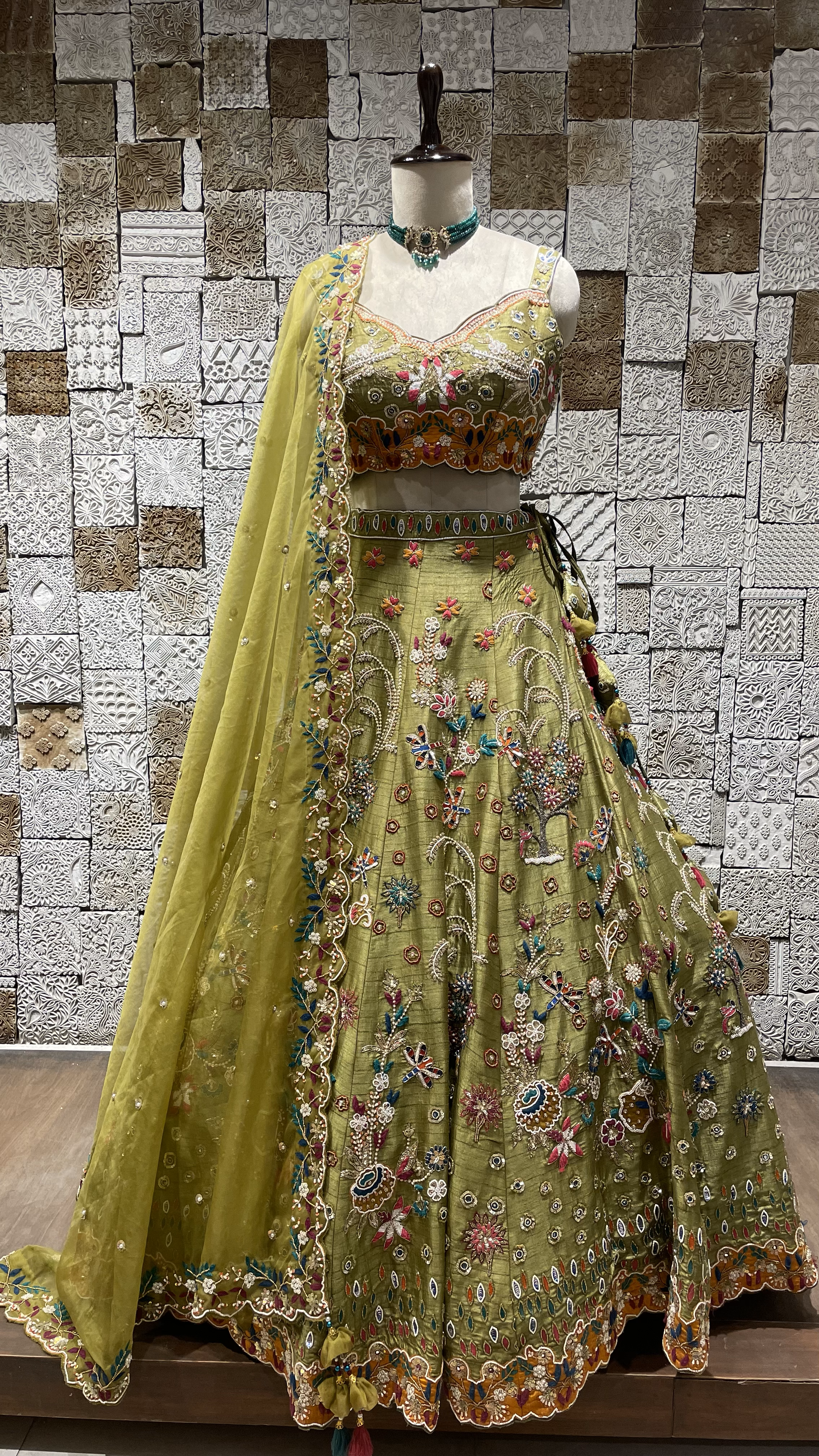 Green Silk multicolour Lehenga with sequins and bead embellishment