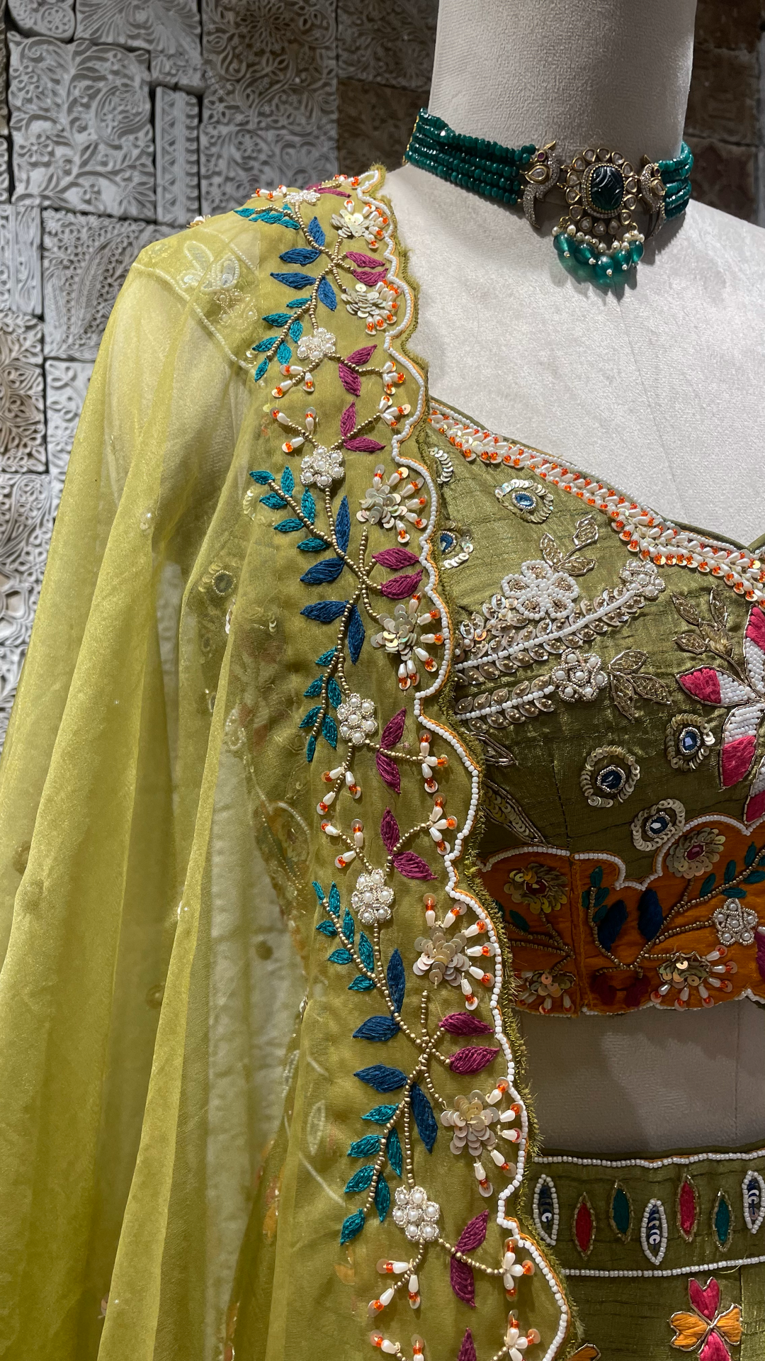 Green Silk multicolour Lehenga with sequins and bead embellishment