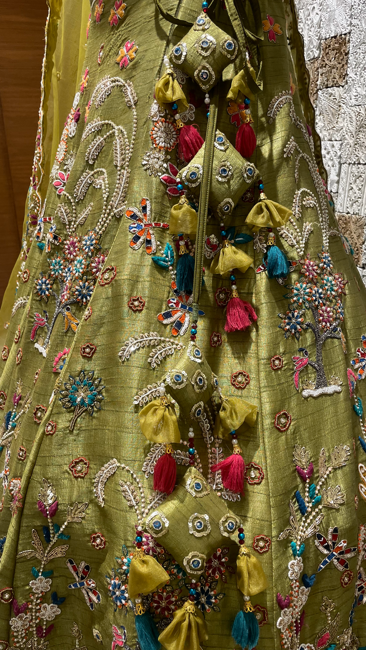 Green Silk multicolour Lehenga with sequins and bead embellishment