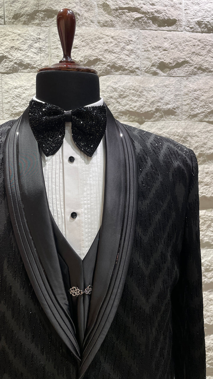 Black tuxedo with cutdana embellishments