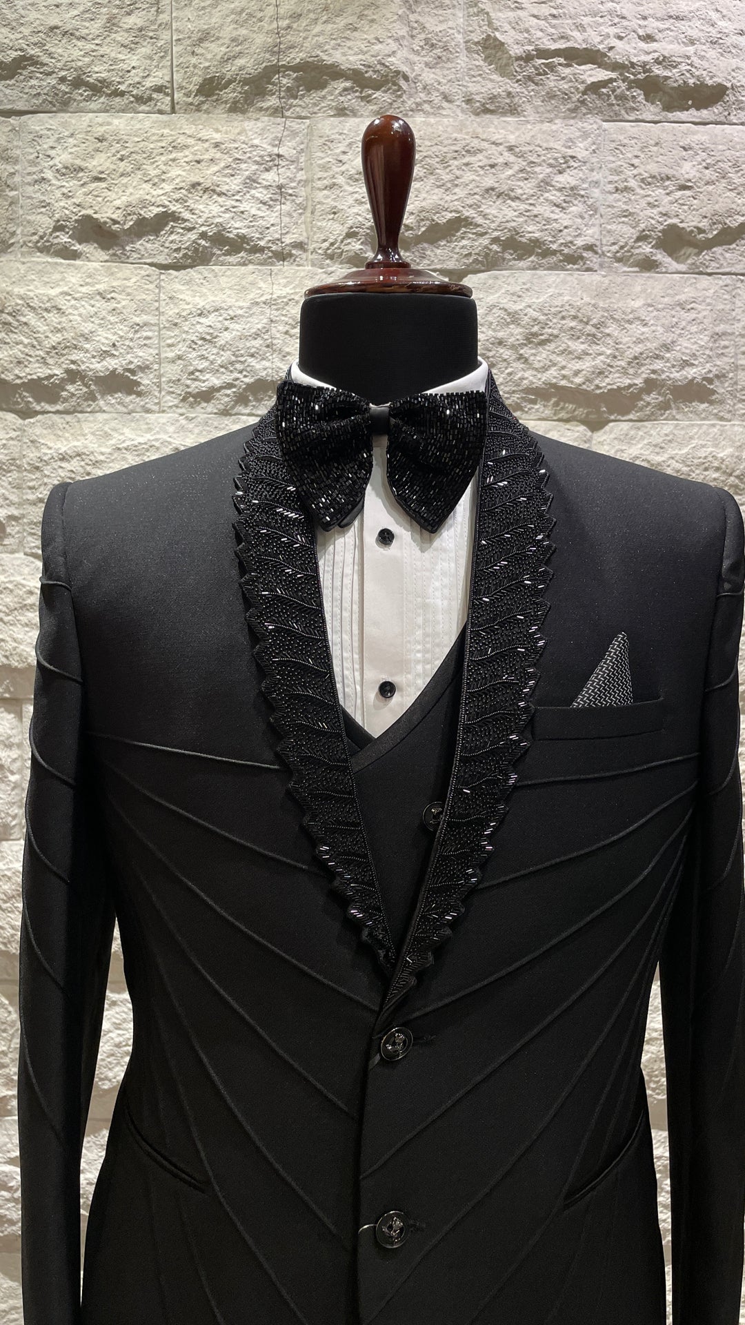 Black tuxedo with detailed collar