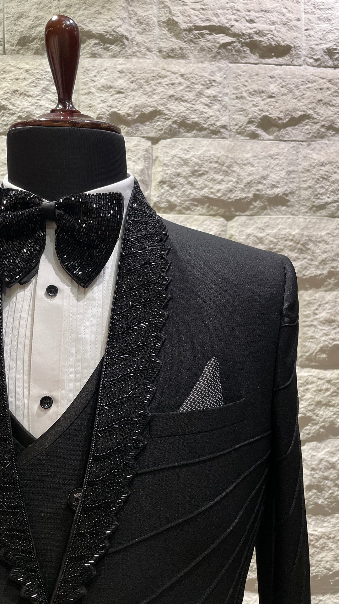 Black tuxedo with detailed collar
