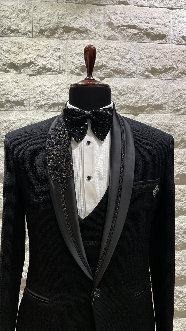 Black textured tuxedo with detailed collar