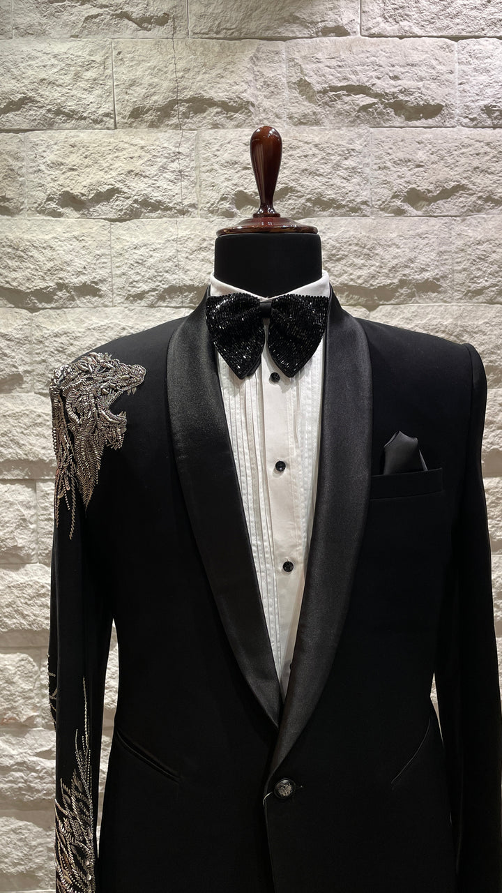 Black tuxedo with statement silver motif