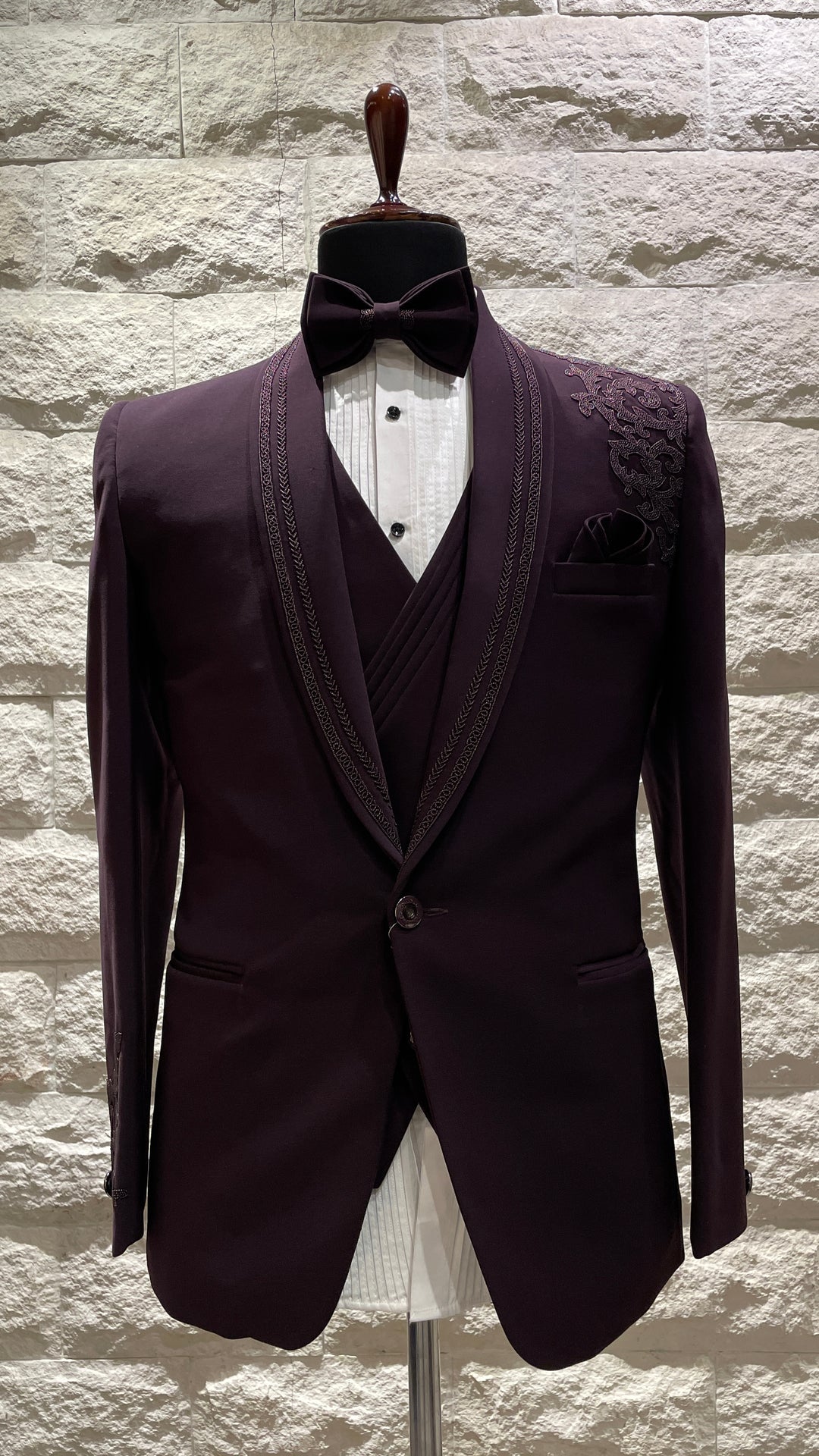 Violet tuxedo with waistcoat and threadwork