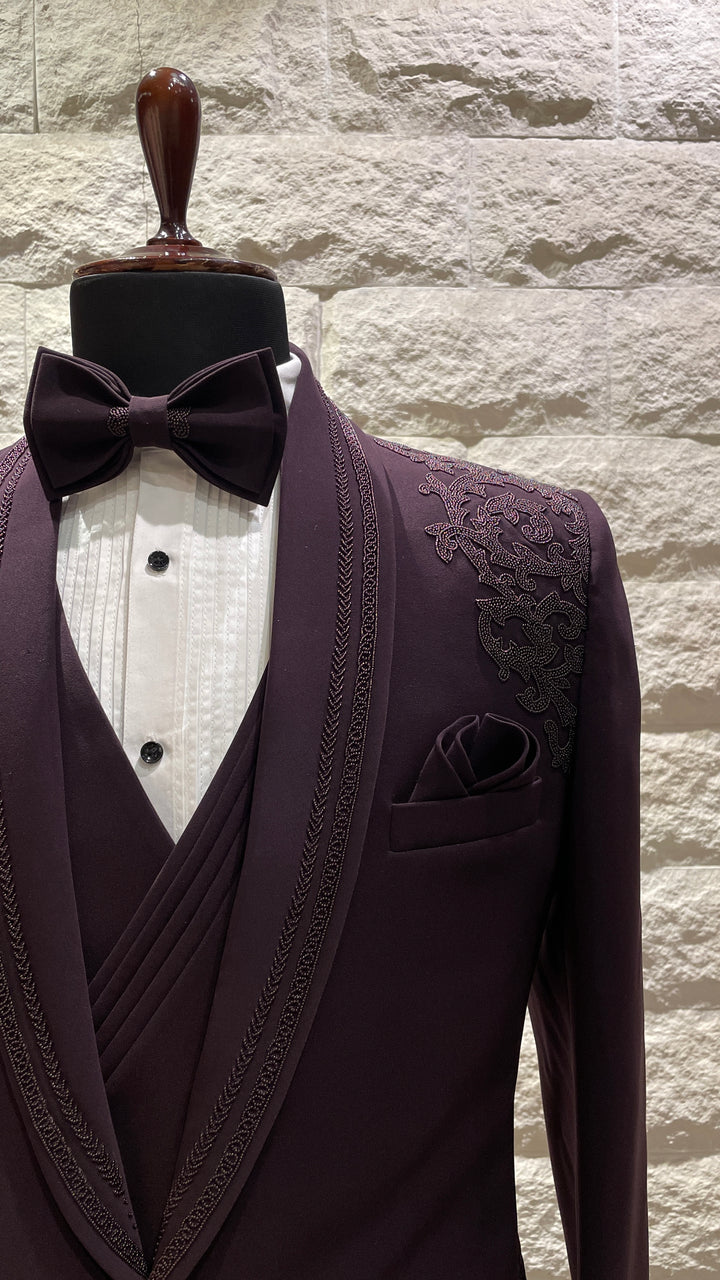 Violet tuxedo with waistcoat and threadwork