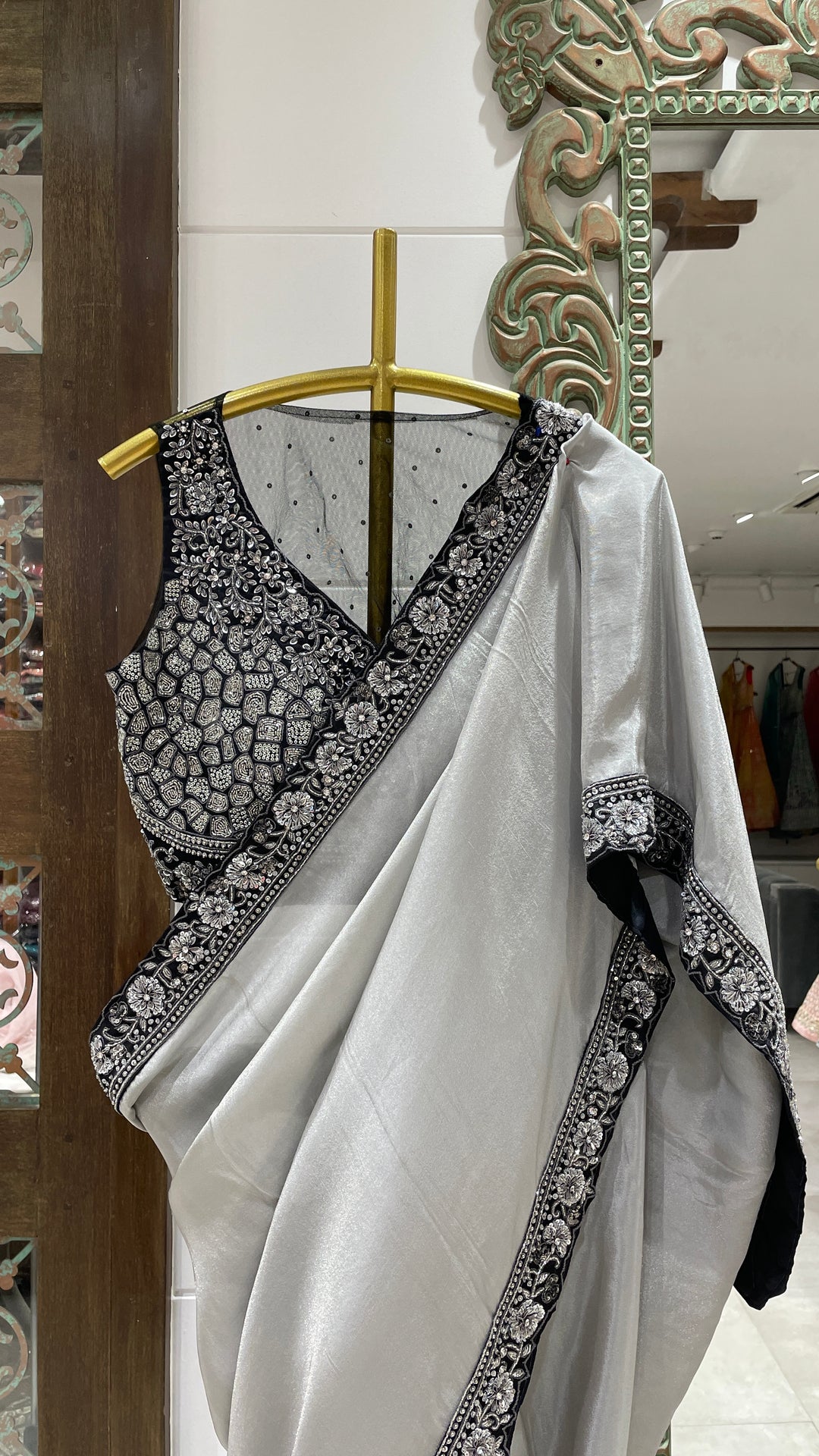 Silver tissue saree with black border