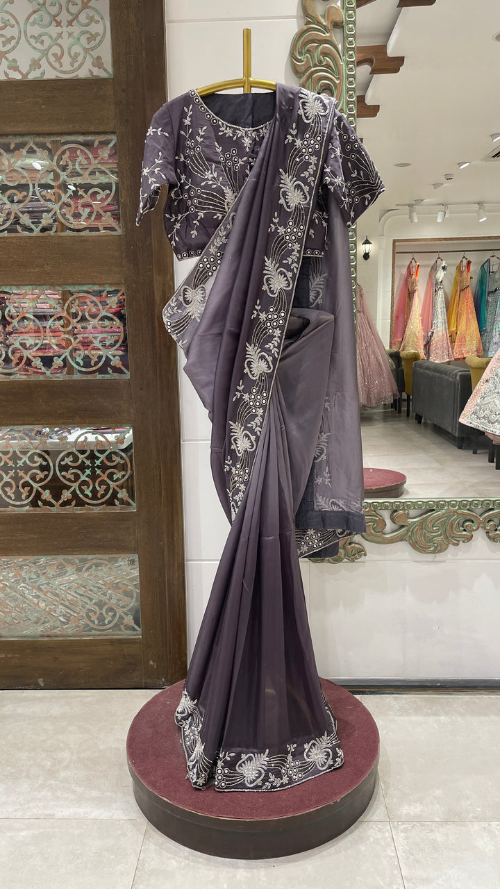 Purple Ombre crape saree with cutadana embellishments