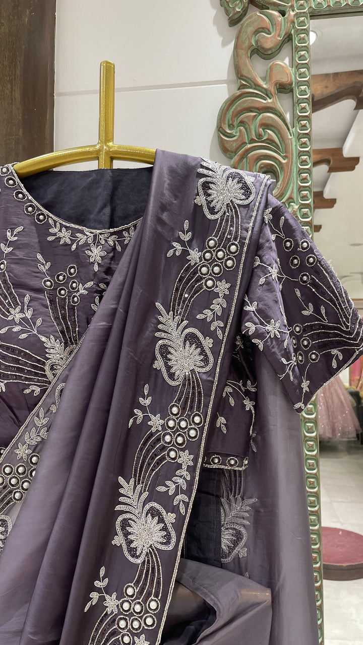 Purple Ombre crape saree with cutadana embellishments