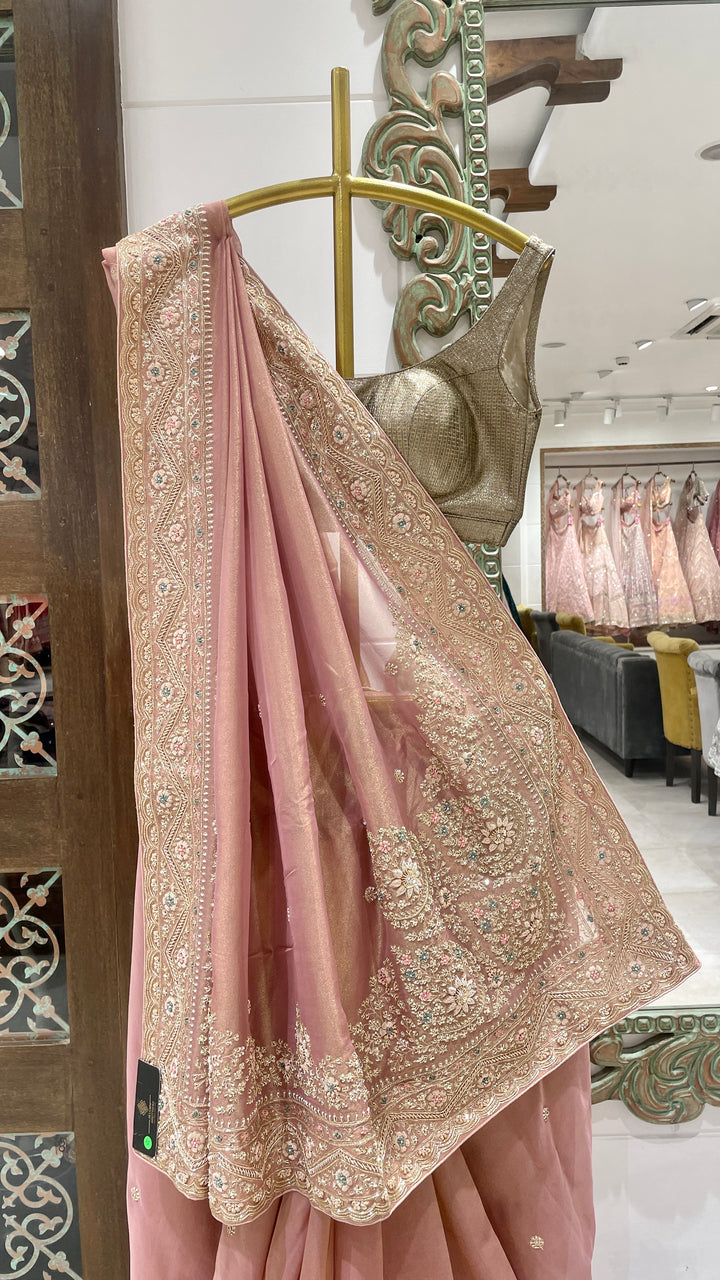 Pink tissue saree with zariwork