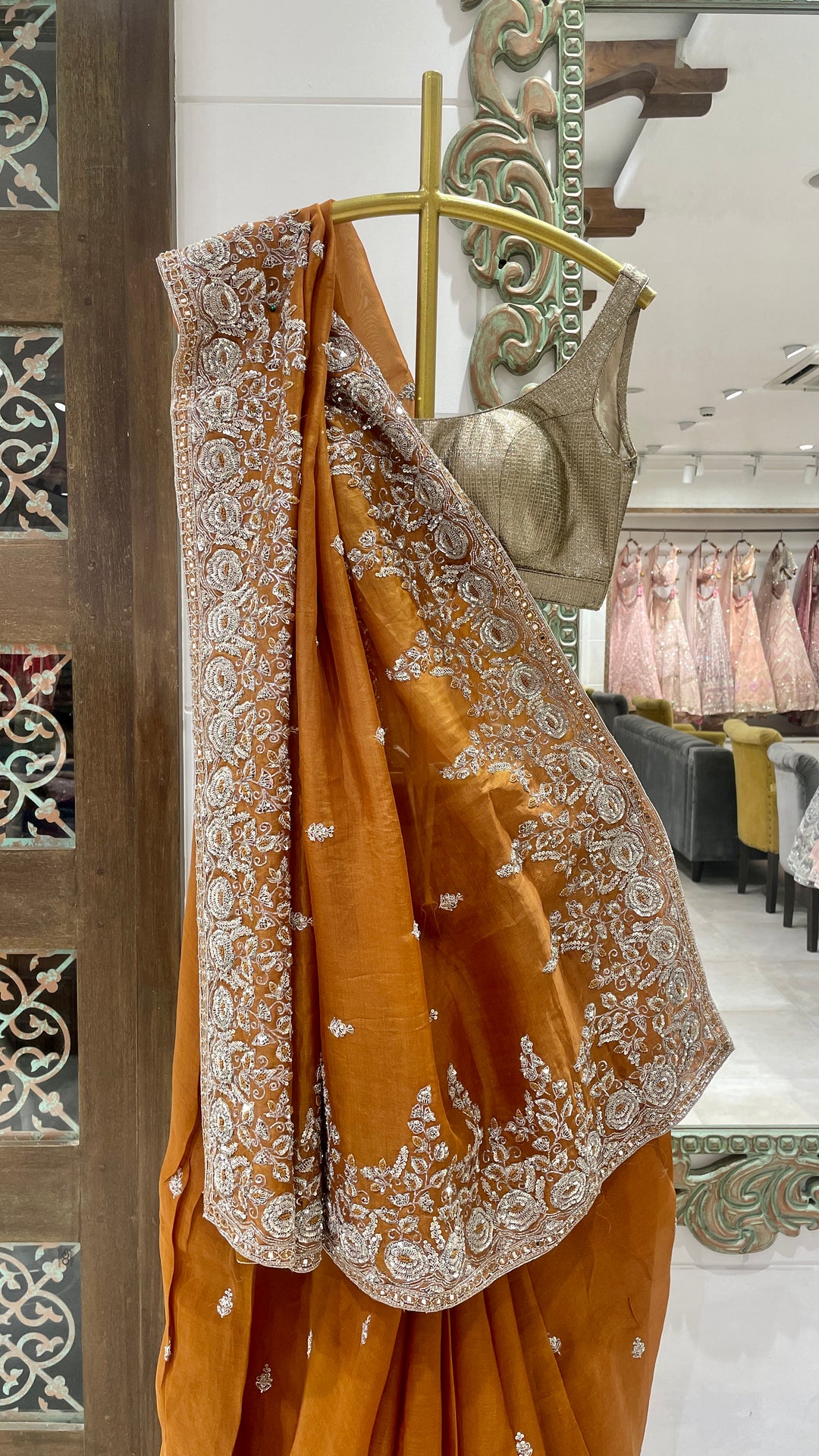 Rust Organza saree with zariwork