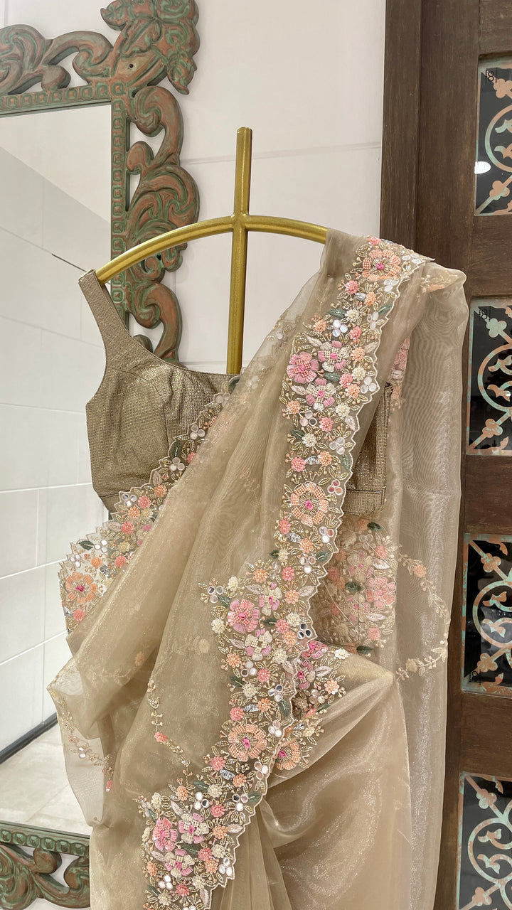 Beige tissue saree with embellishments