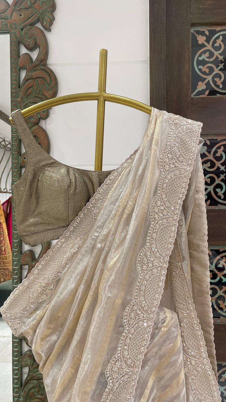 Gold and silver tissue saree with embellishments