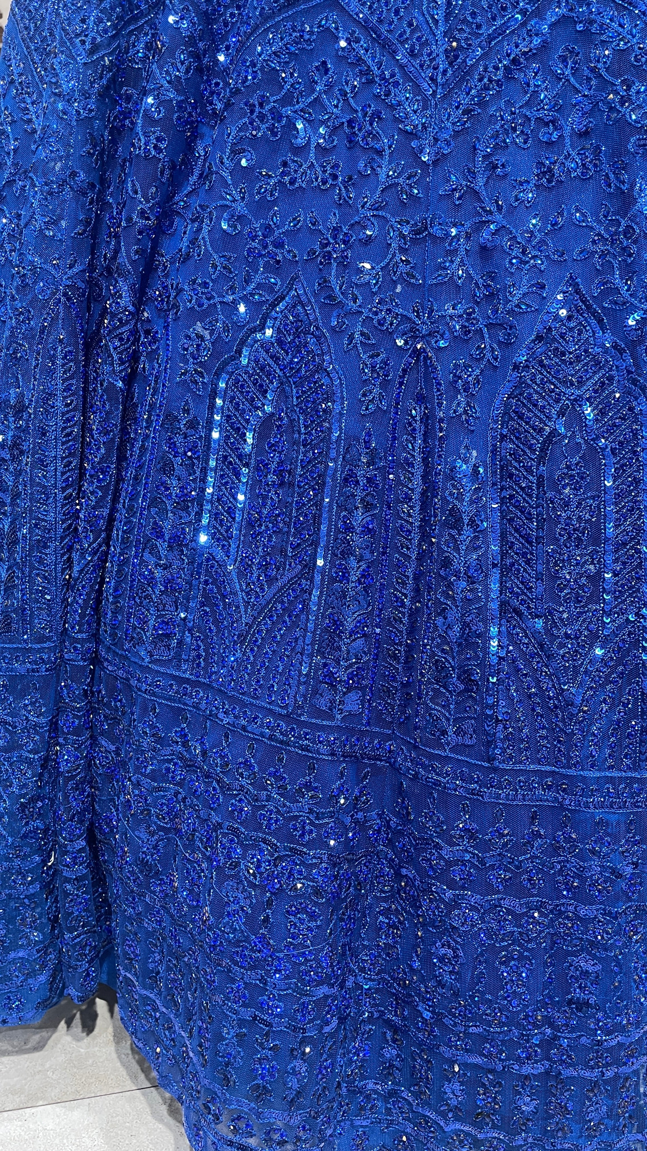 Royal blue net lehenga with threadwork and sequin embellishments