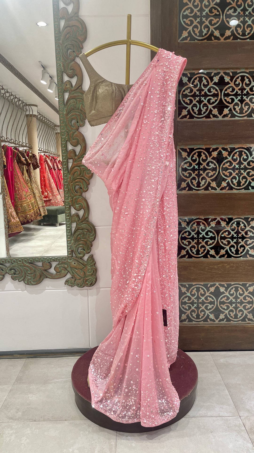 Pink Crepe saree with sequins embellishments