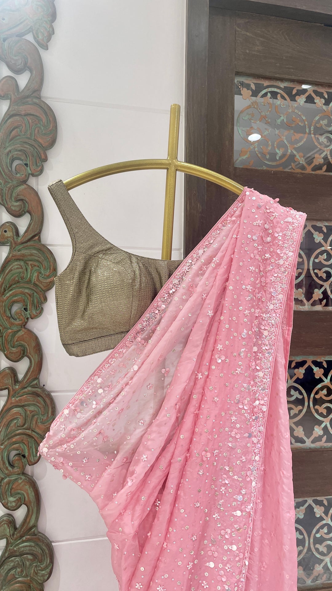 Pink Crepe saree with sequins embellishments