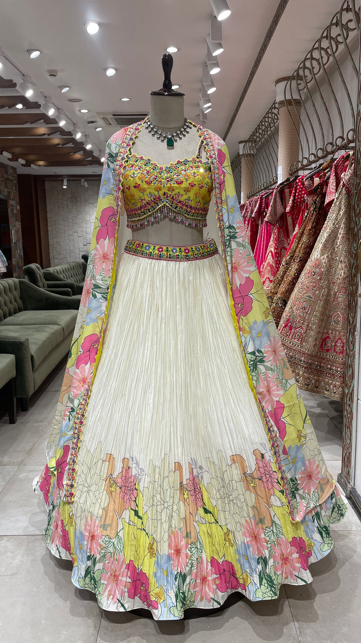 Floral cape style lehenga with multicolour Mirrorwork