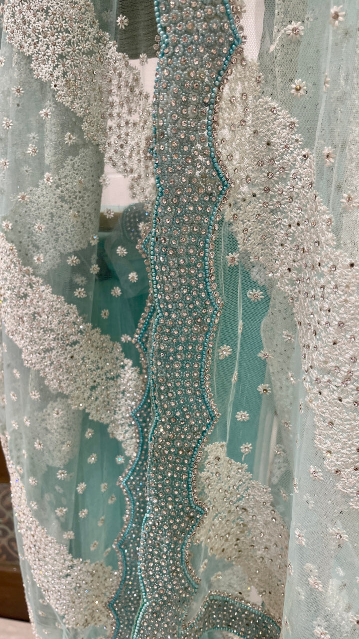Blue net saree with floral motifs