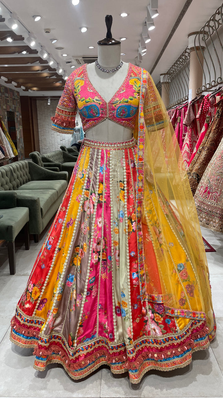 Multicolour silk lehenga with floral prints