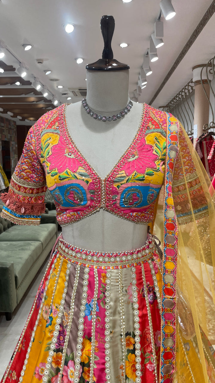 Multicolour silk lehenga with floral prints