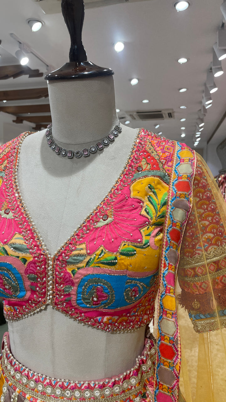 Multicolour silk lehenga with floral prints