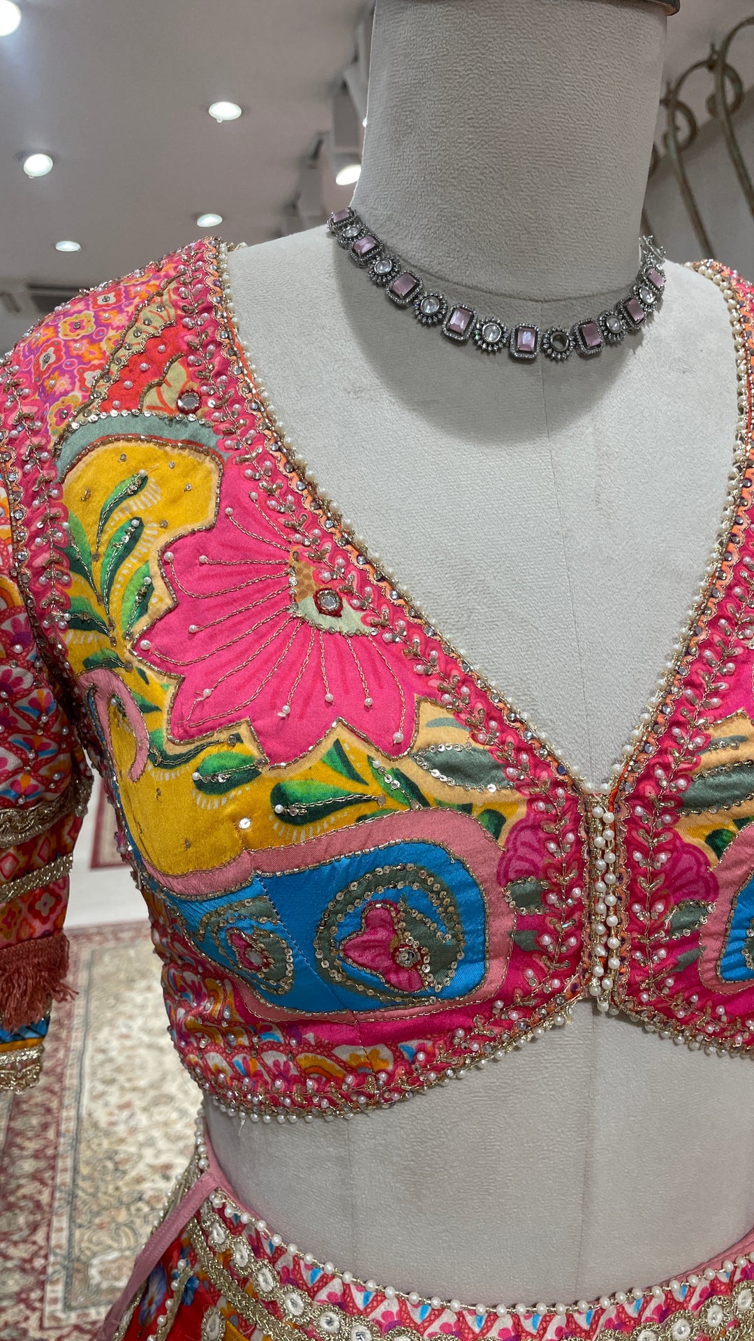 Multicolour silk lehenga with floral prints