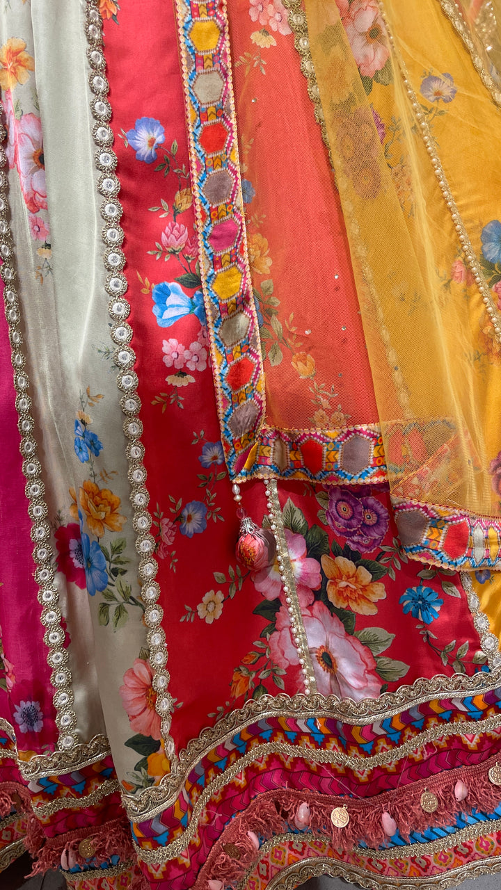 Multicolour silk lehenga with floral prints