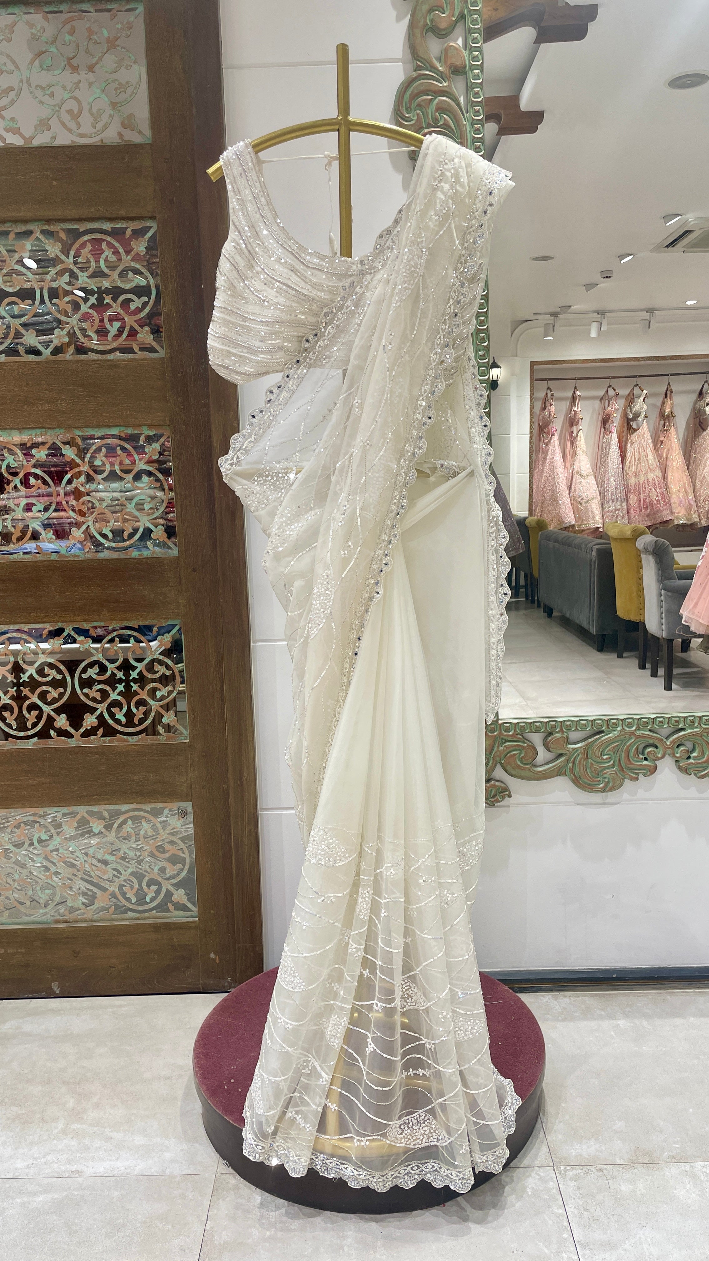 White net saree with embellishments