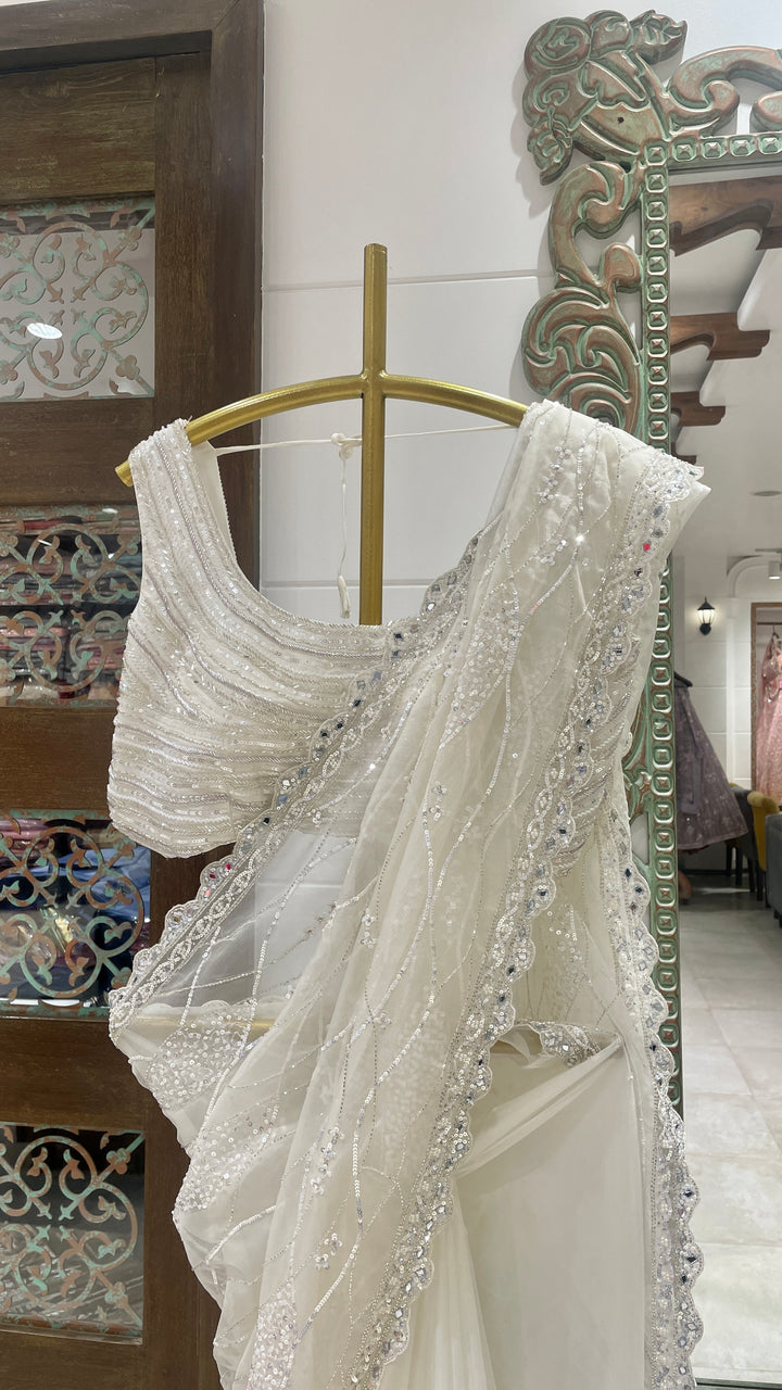 White net saree with embellishments