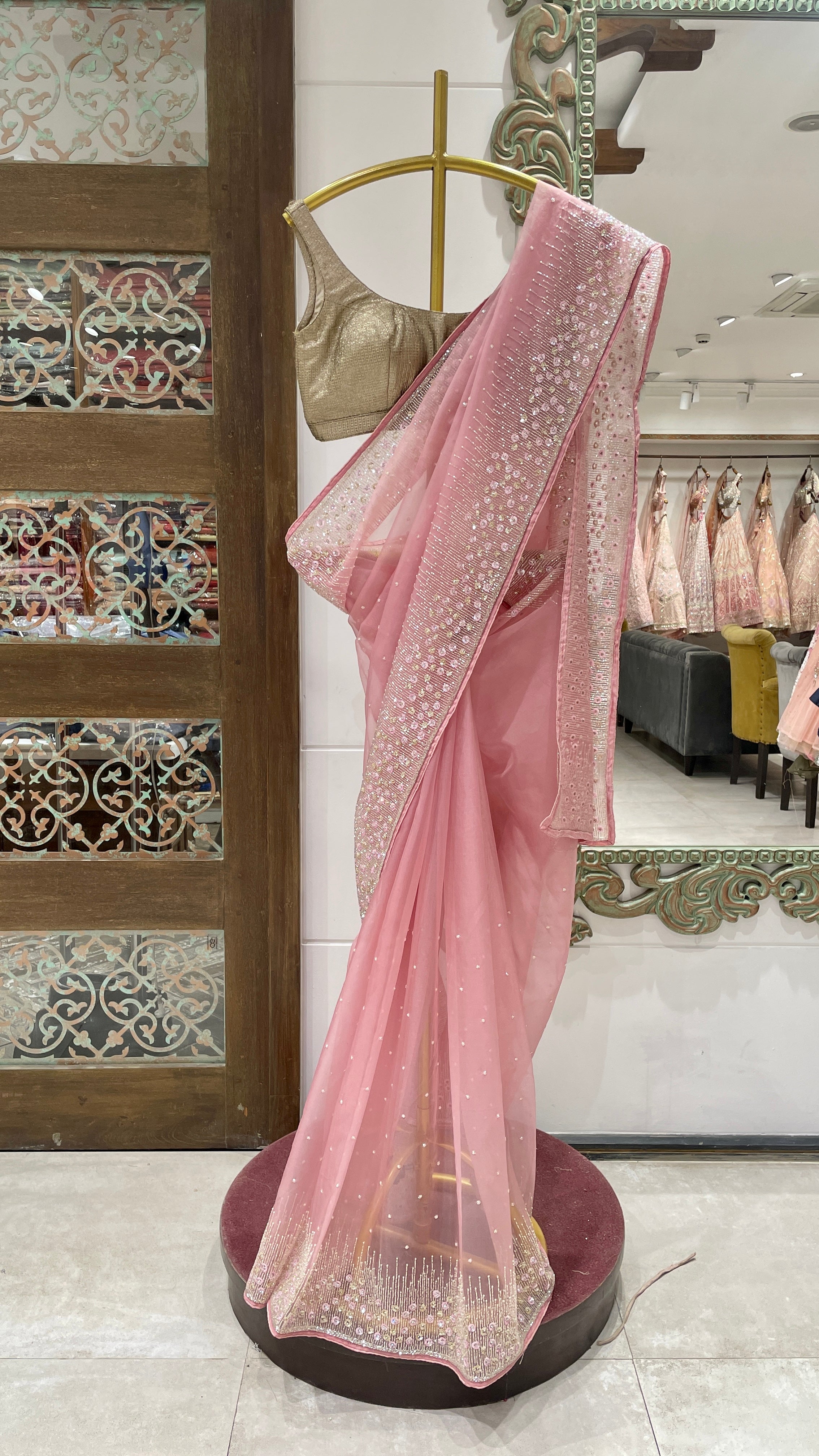 Pink Organza saree with sequin embellishments