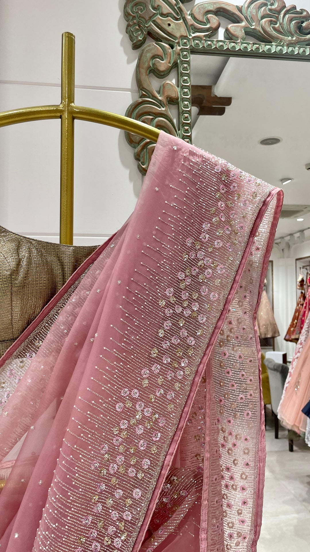 Pink Organza saree with sequin embellishments
