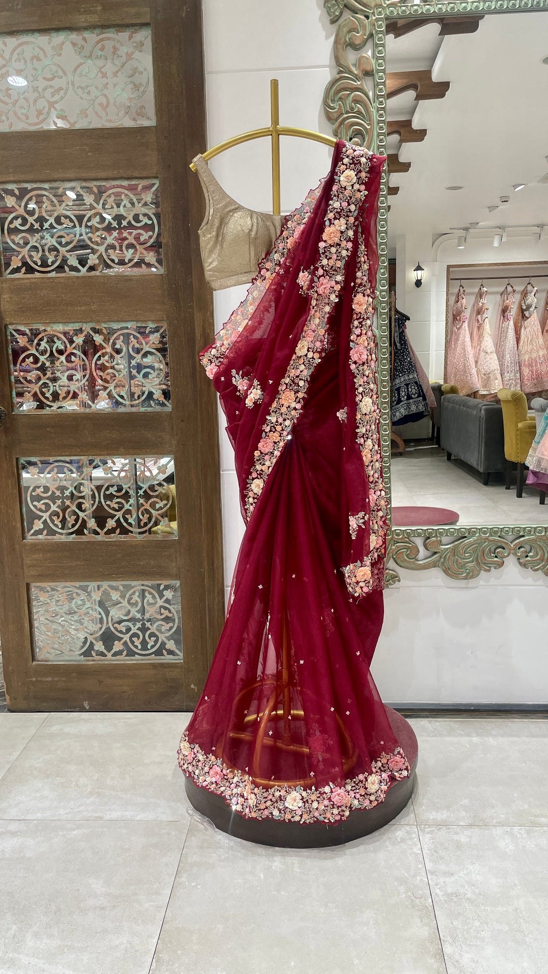 Red Organza Saree with embellishments