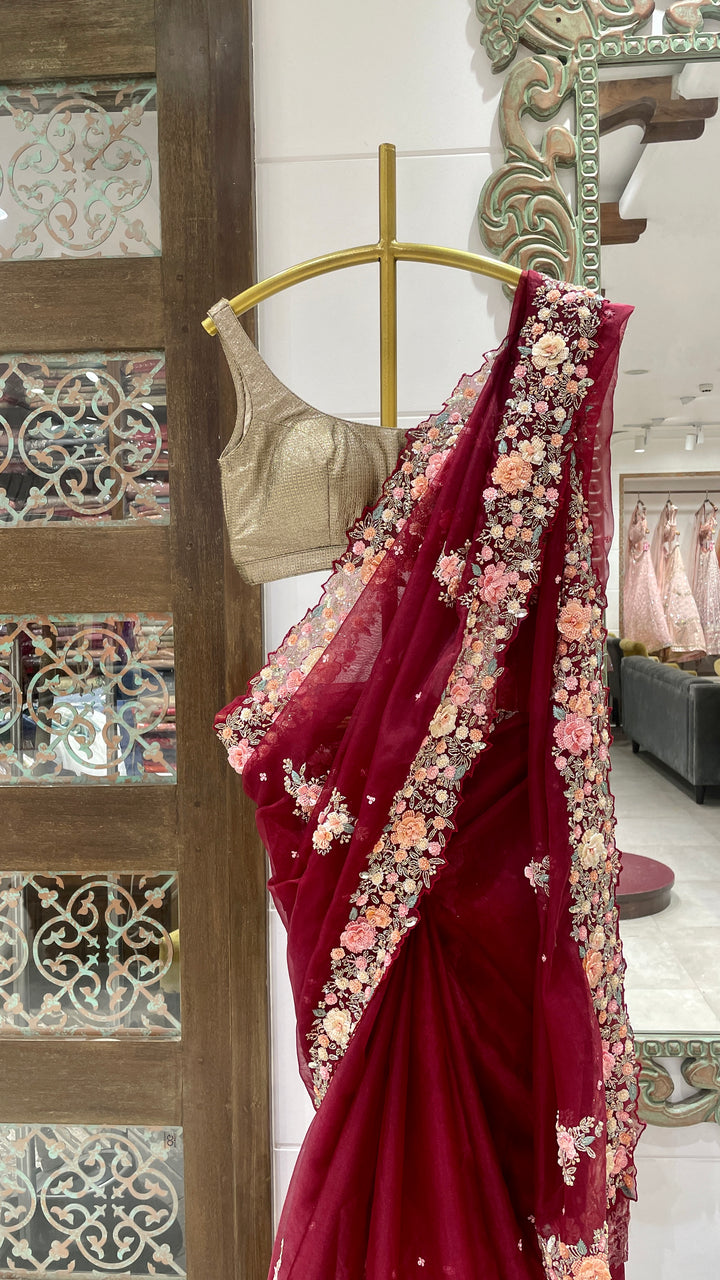 Red Organza Saree with embellishments