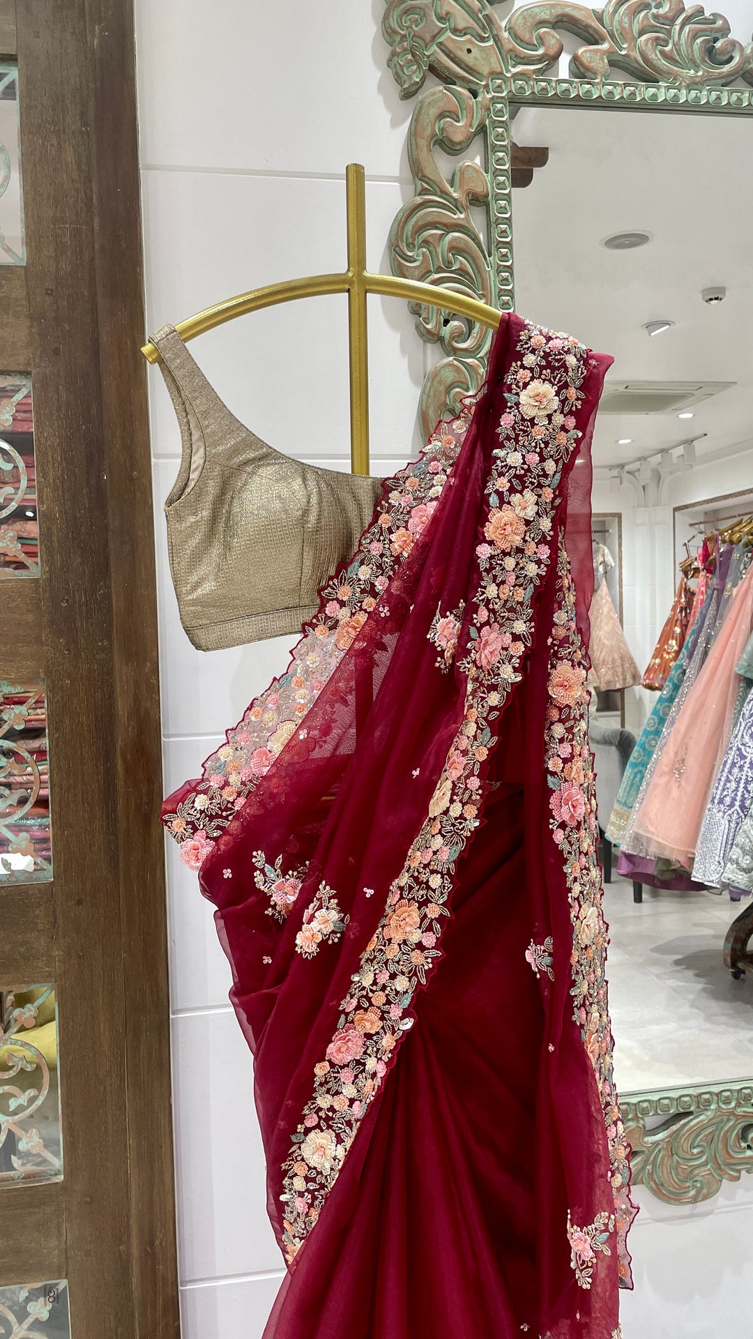 Red Organza Saree with embellishments