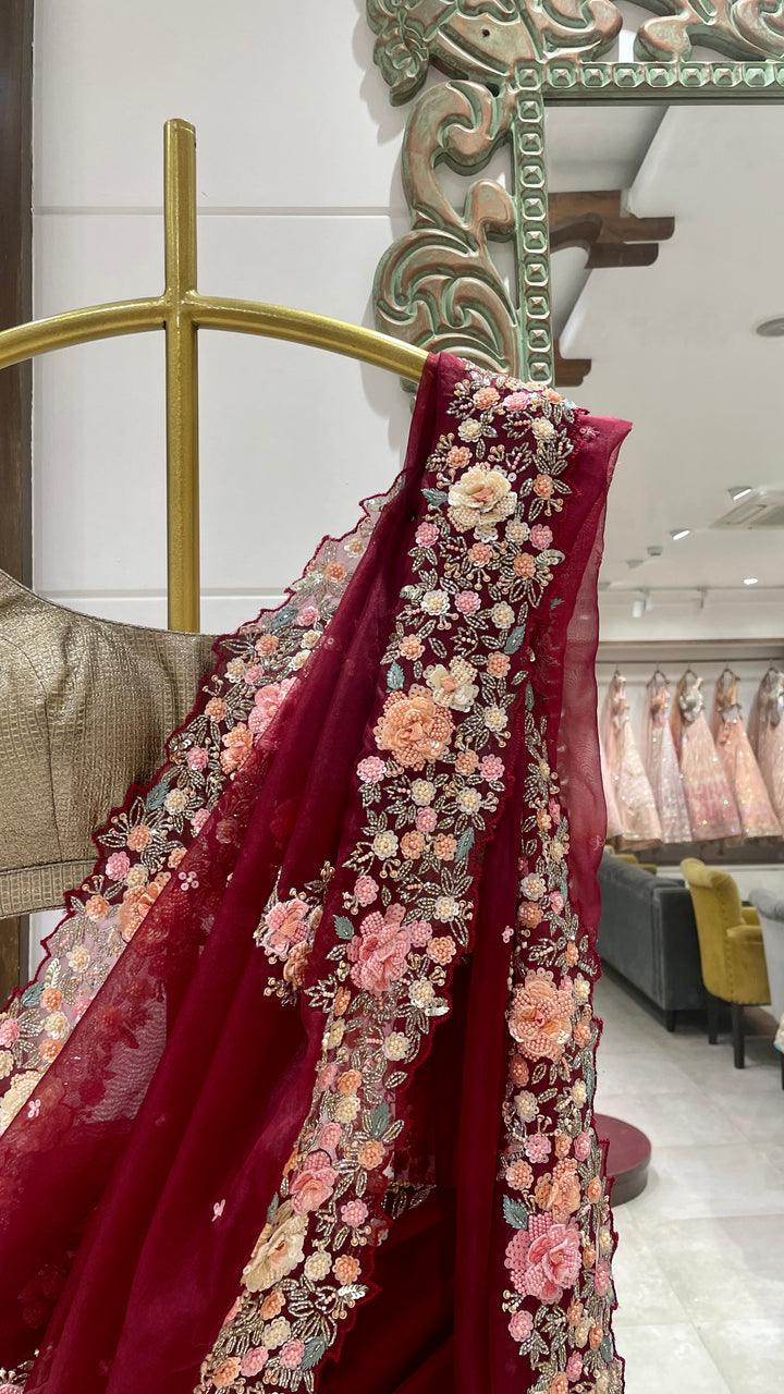 Red Organza Saree with embellishments