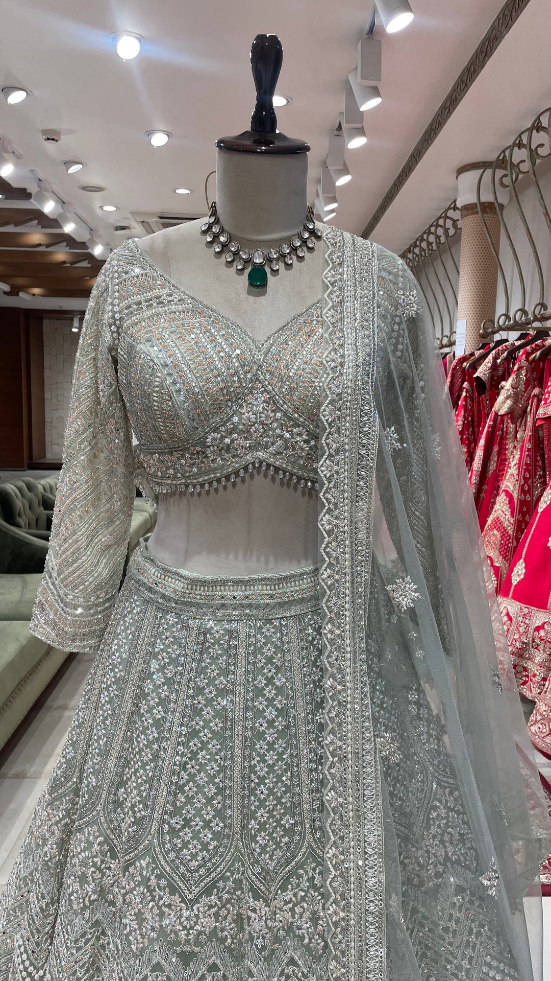 Pastel green colour lehenga with pearl and beadwork