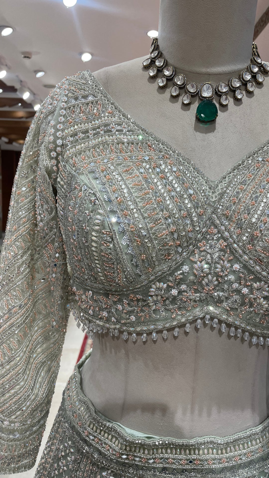 Pastel green colour lehenga with pearl and beadwork