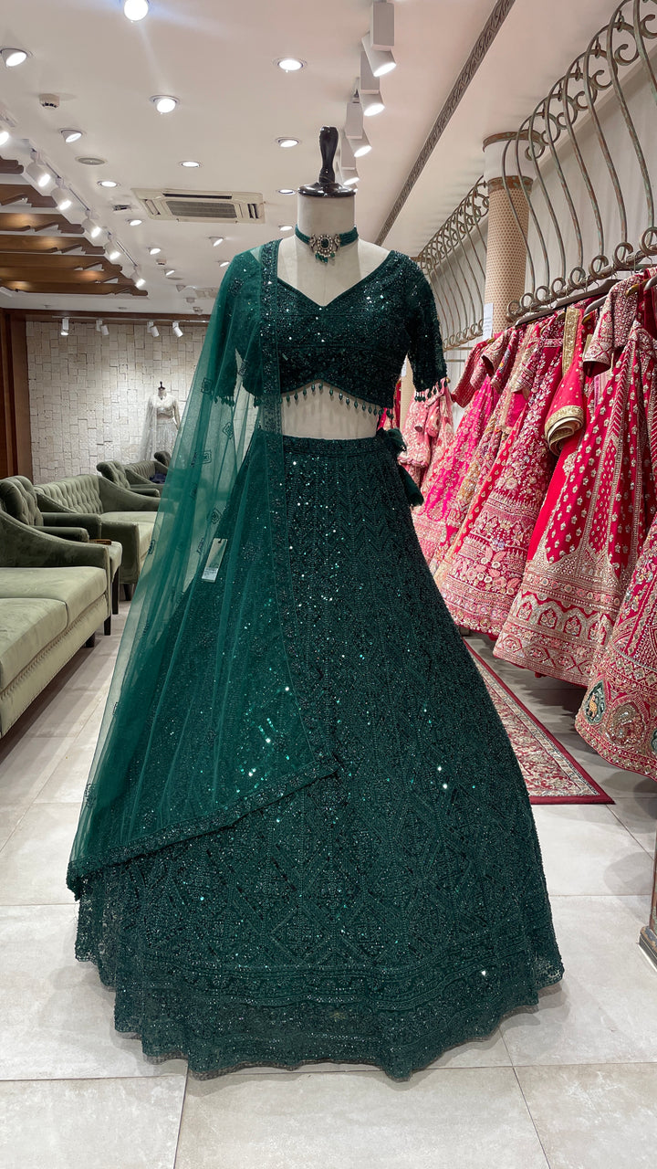 Dark Green sequence work Lehenga