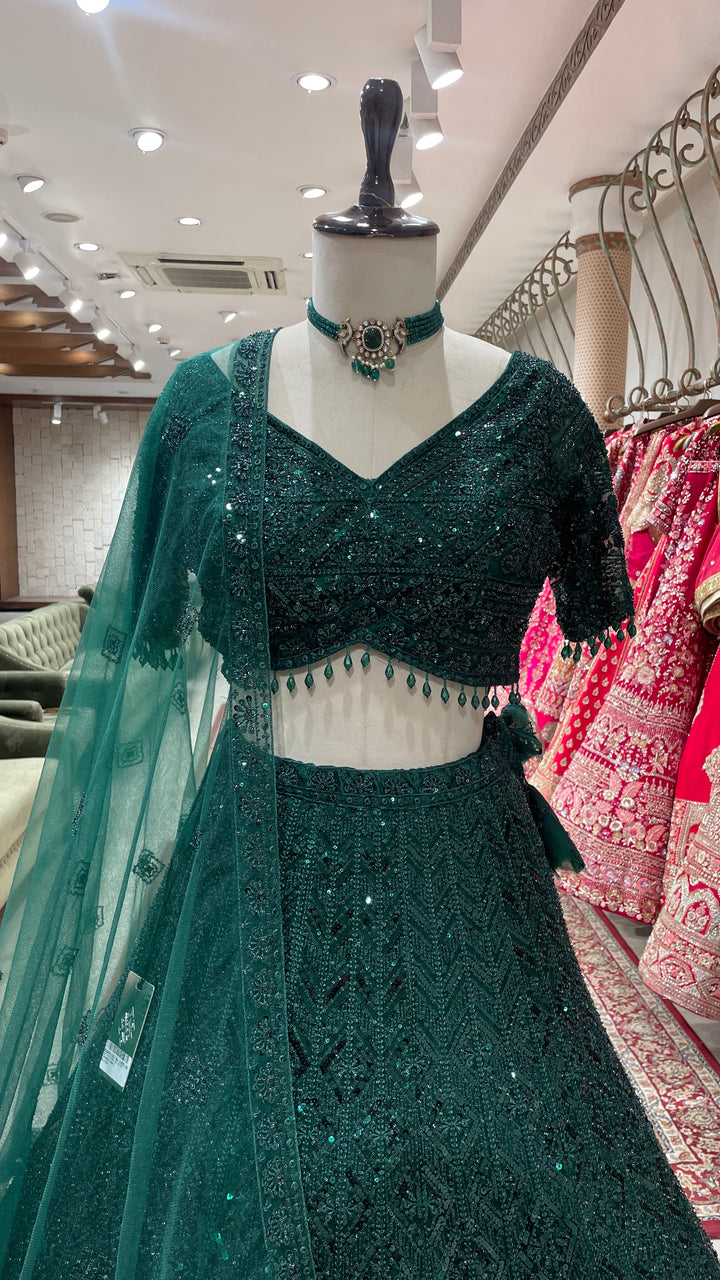 Dark Green sequence work Lehenga