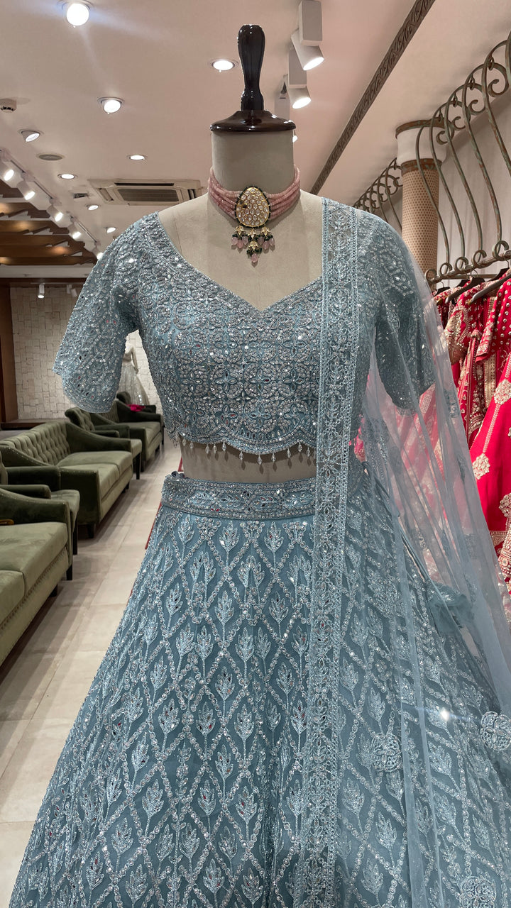 Sky blue lehenga with mirrorwork