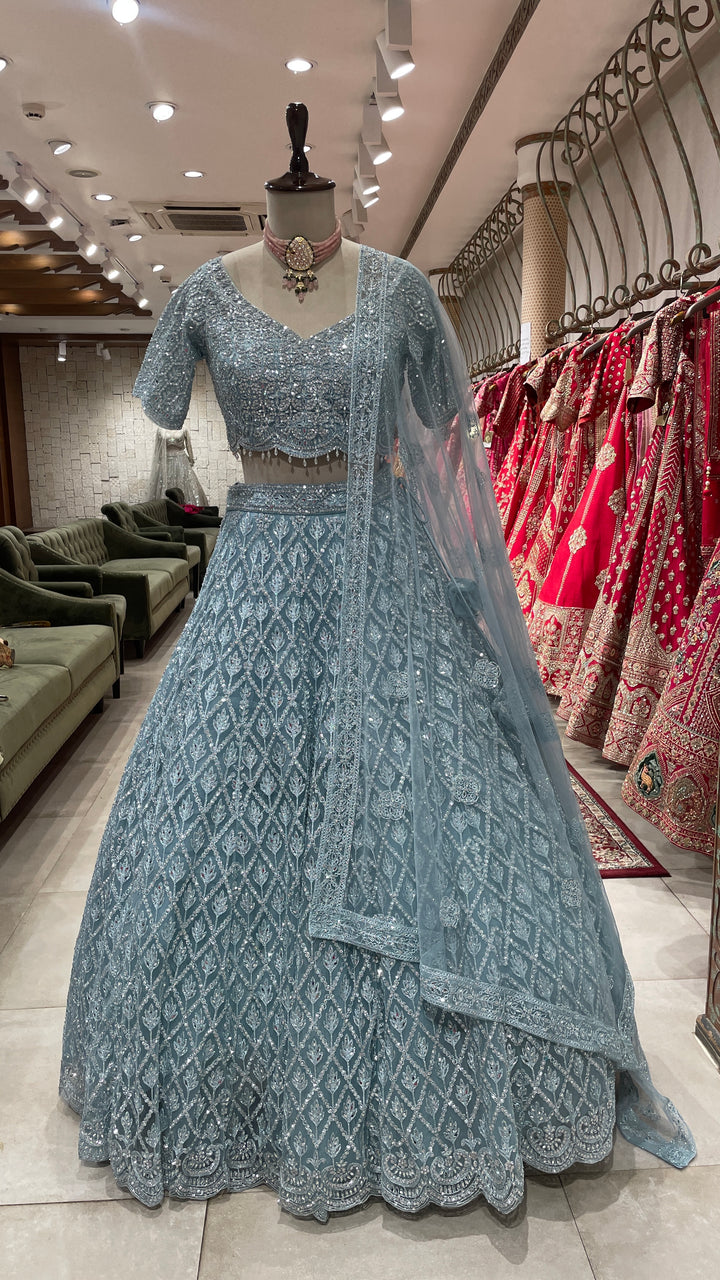 Sky blue lehenga with mirrorwork