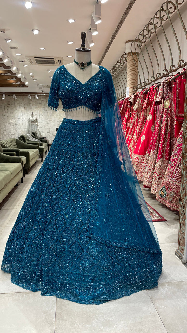 Teal blue Lehenga with sequins work